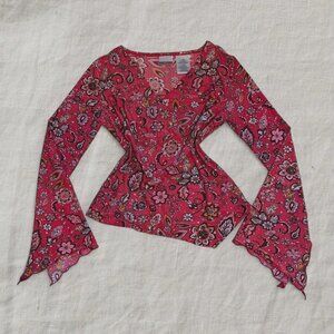 Vintage Y2k Pink Floral Retro Flared Sleeve Top